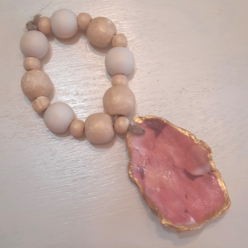 Floral Pink &  Gold Decoupage Oyster Shell Beaded Accents # 963